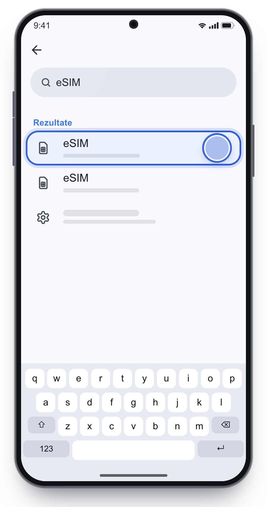 Căutarea eSIM în Setările Android.