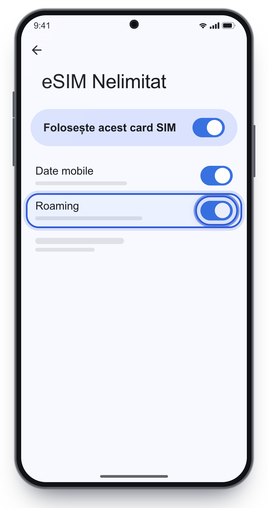 Roaming pornit doar pe eSIM Nelimitat.