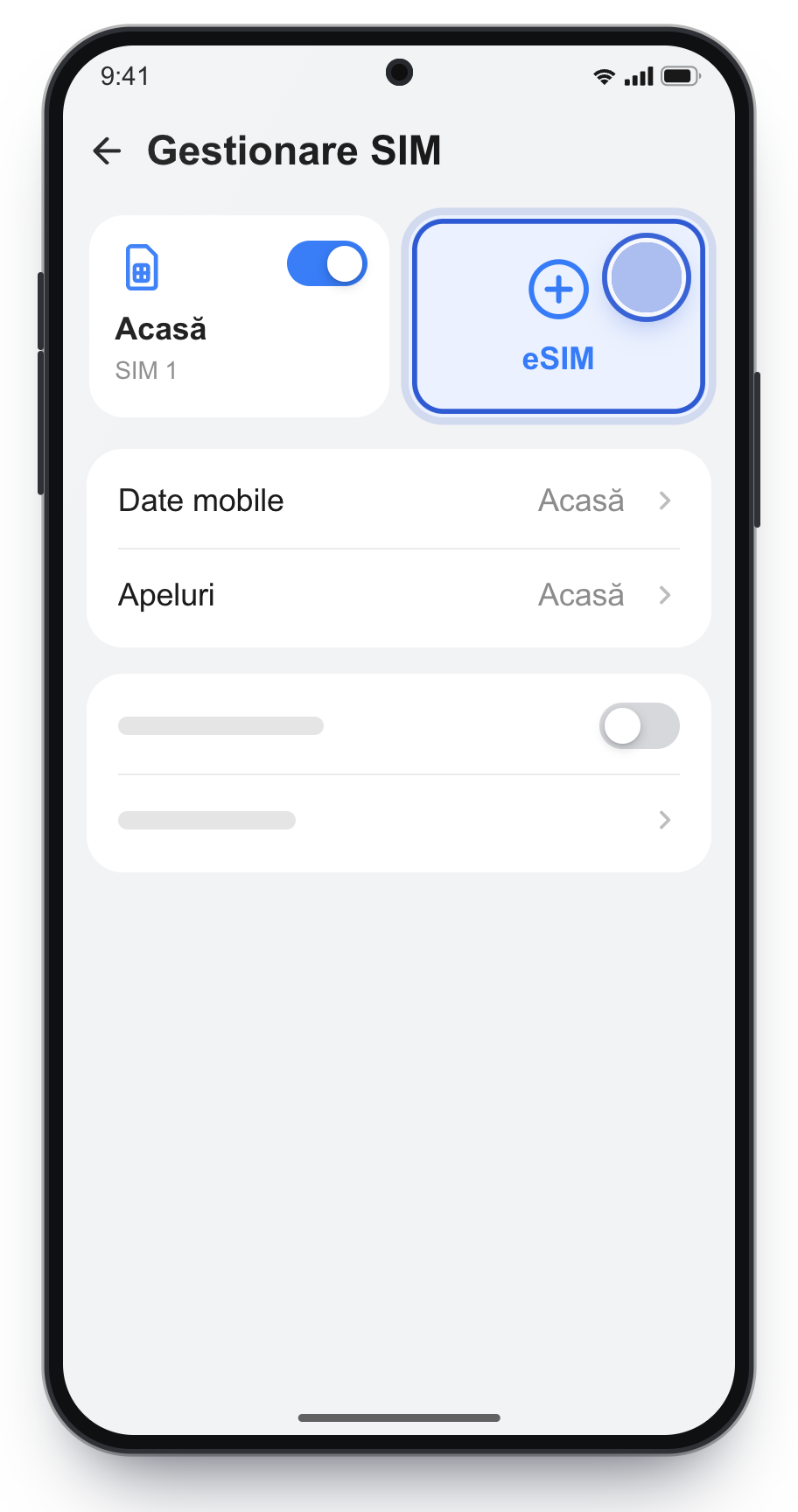 Gestionare SIM, cu adăugarea eSIM încadrată.