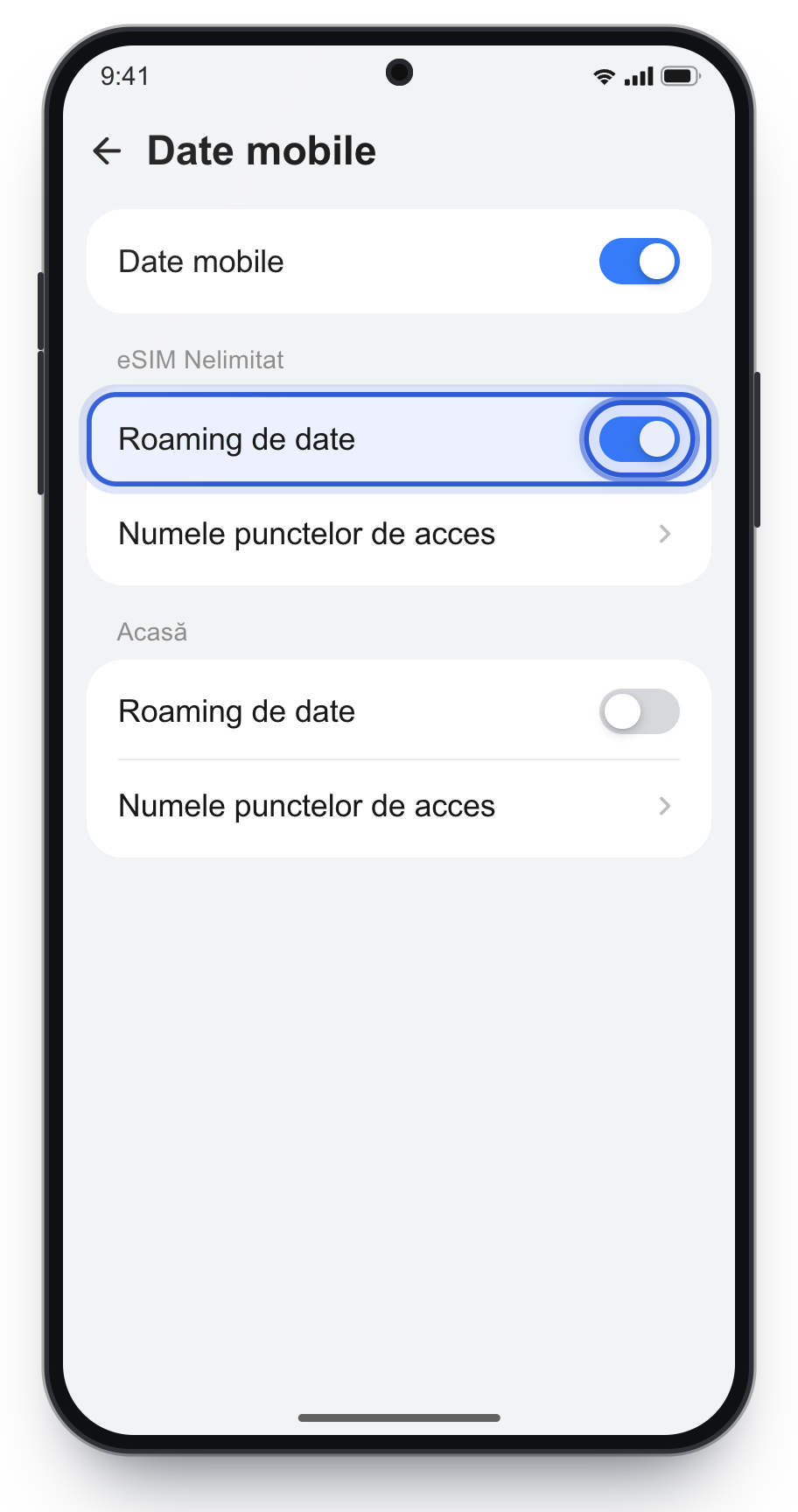 Roaming de date pornit pe eSIM Nelimitat, pe Huawei.