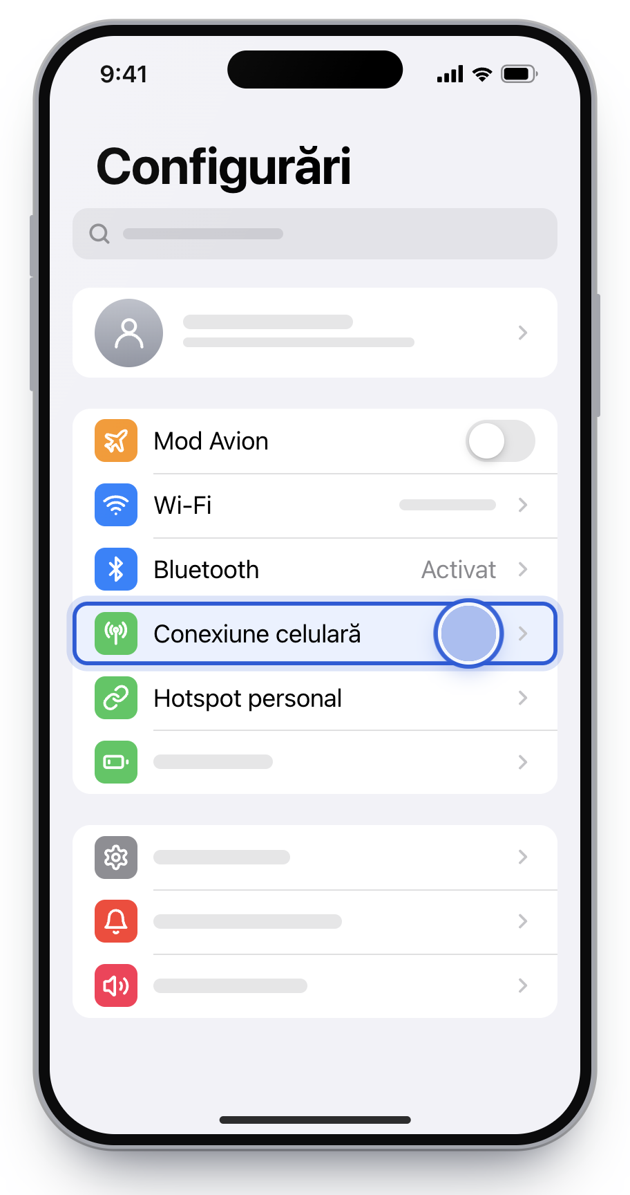 Ecranul Configurări pe iPhone, cu Conexiune celulară încadrată.