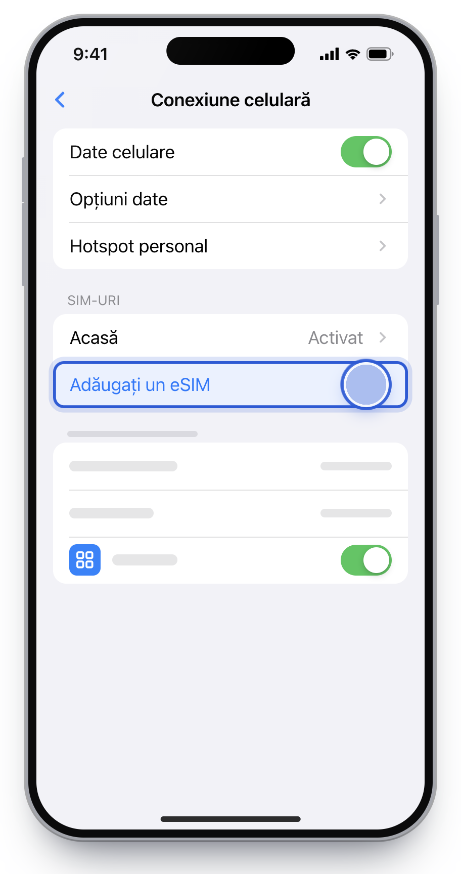 Ecranul Conexiune celulară, cu Adăugați un eSIM încadrat.