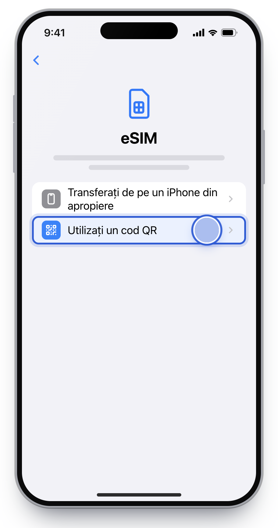 Ecranul de adăugare eSIM, cu Utilizați un cod QR încadrat.