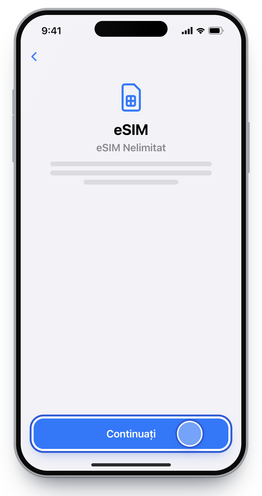Ecranul de confirmare eSIM Nelimitat, cu butonul Continuați.