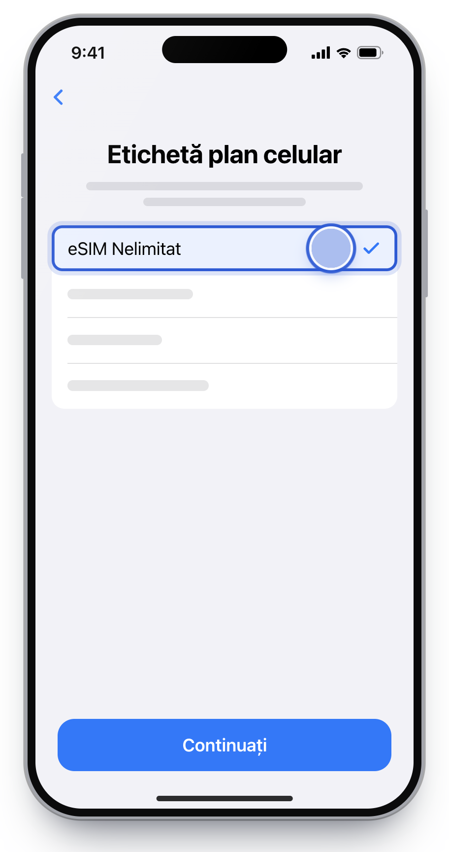Ecranul Etichetă plan celular, cu numele eSIM Nelimitat.
