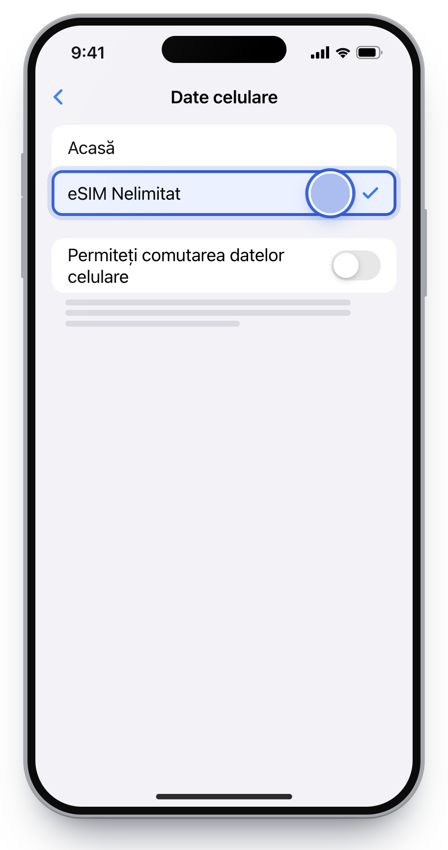 Ecranul Date celulare, cu eSIM Nelimitat ales pentru date.