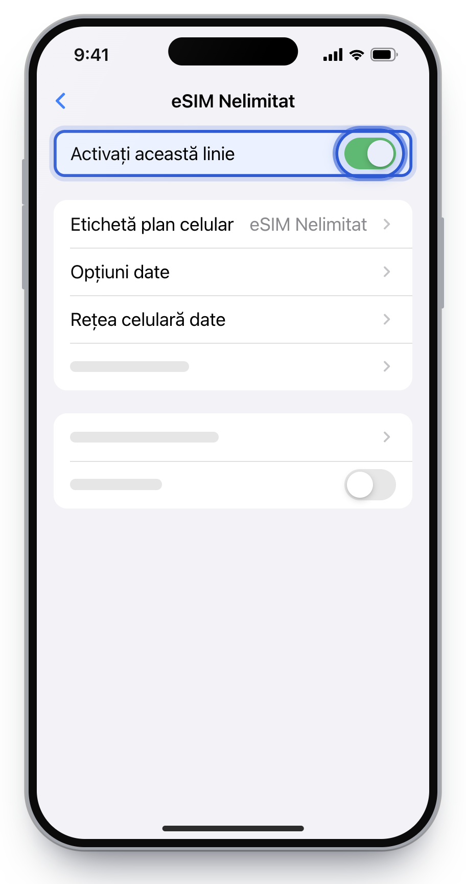 Linia eSIM Nelimitat pe iPhone, cu Activați această linie pornit.