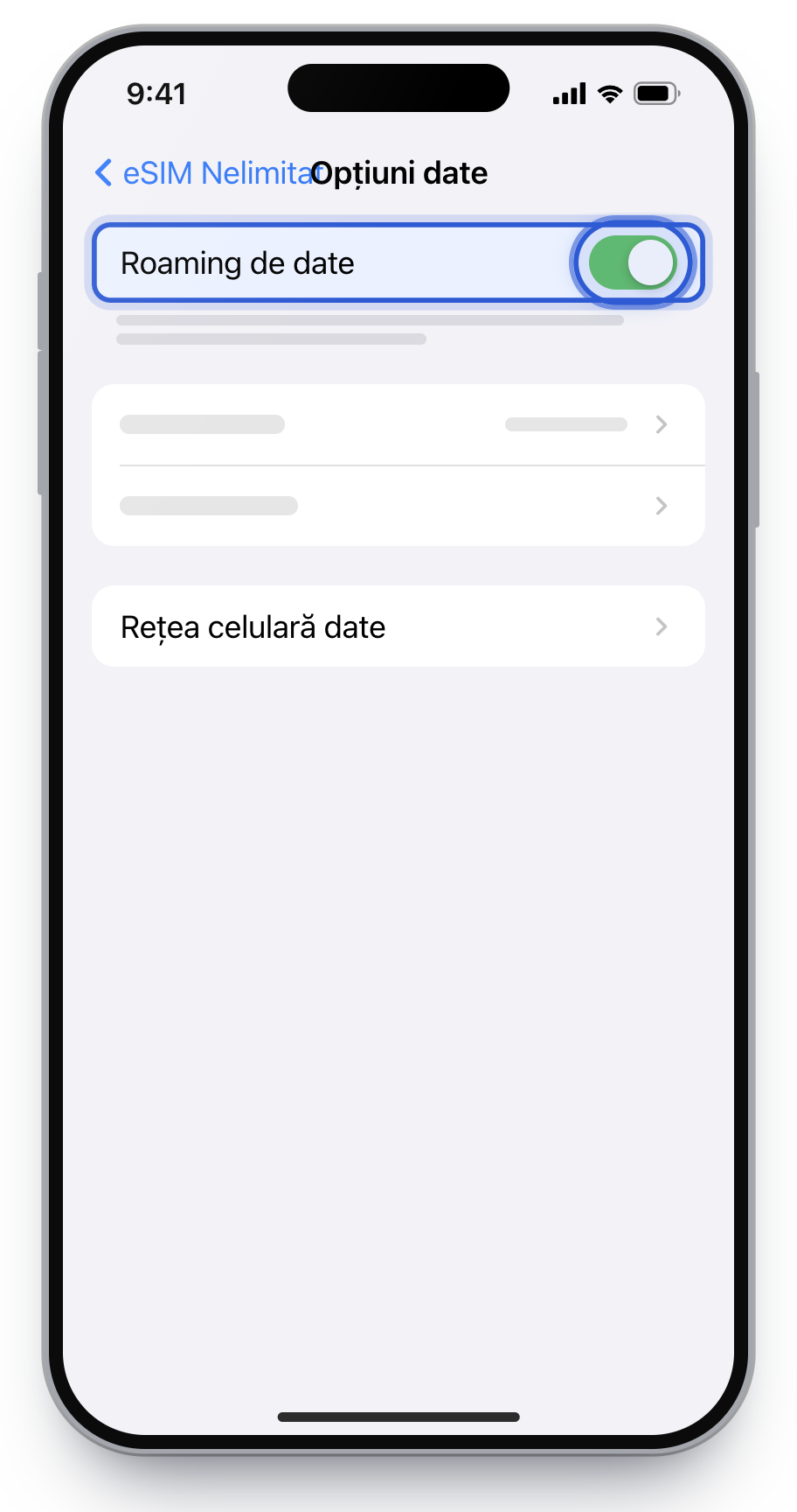 Roaming de date pornit pe linia eSIM Nelimitat.