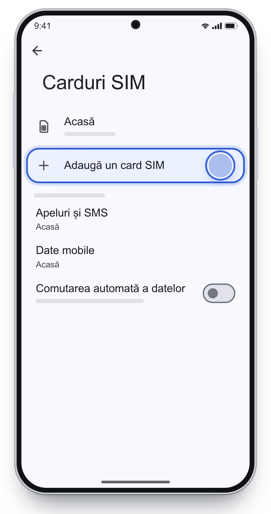 Carduri SIM, cu Adaugă un card SIM încadrat.