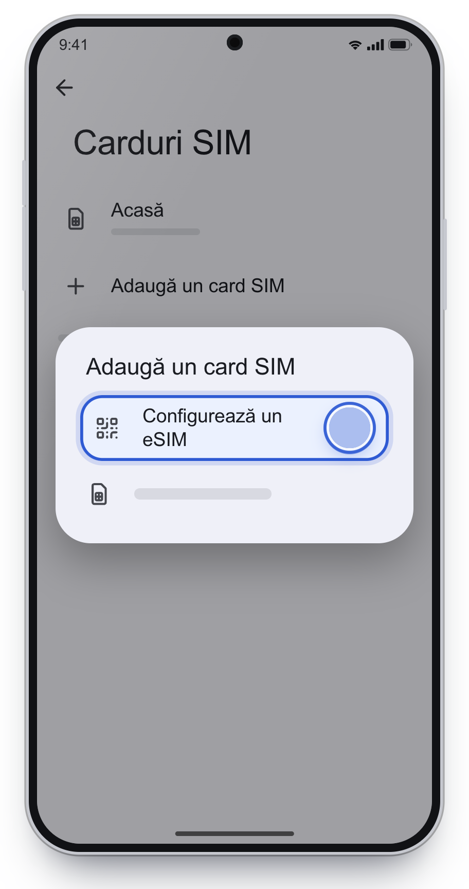 Adaugă un card SIM, cu Configurează un eSIM încadrat.