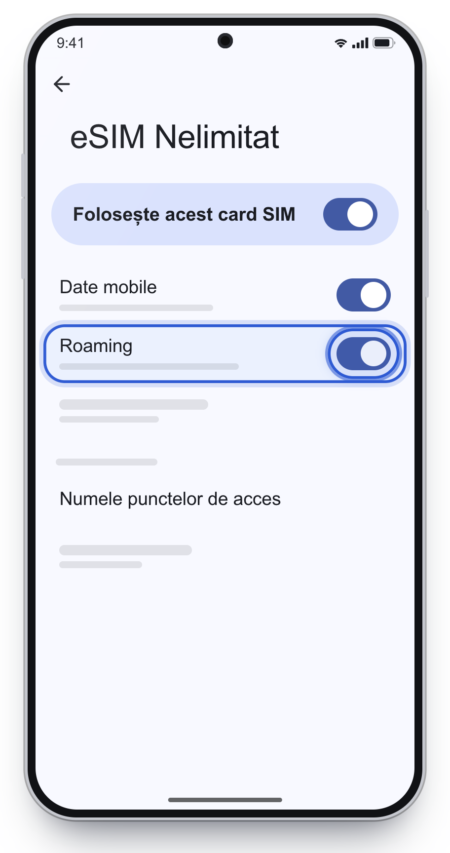 Roaming pornit pe eSIM Nelimitat, pe Pixel.