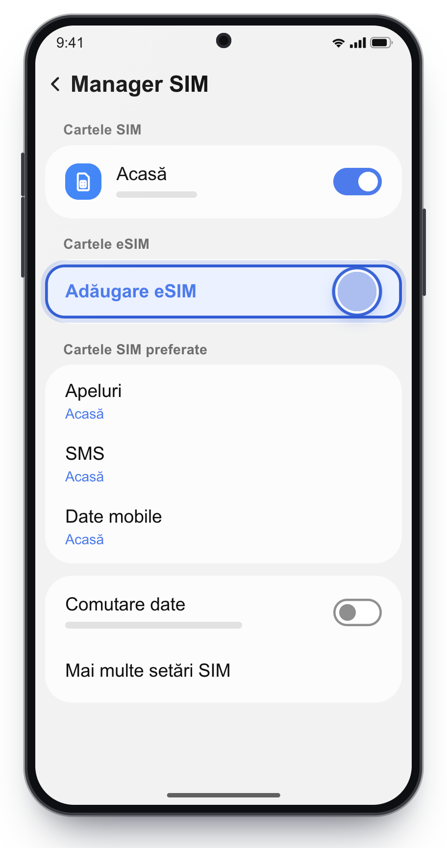 Manager SIM, cu Adăugare eSIM încadrat.