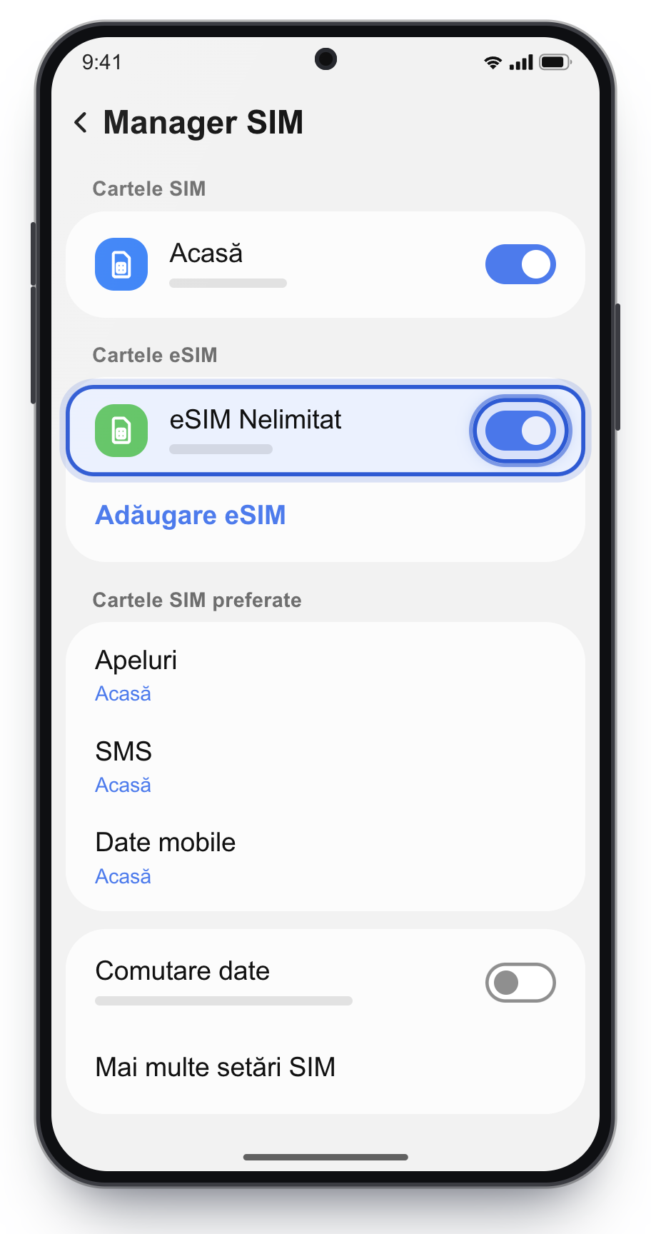 eSIM Nelimitat pornit în Manager SIM.