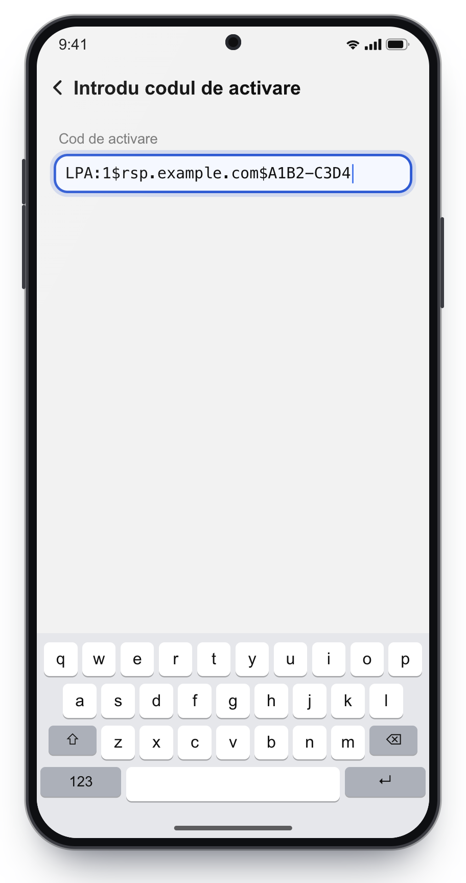 Introducerea codului de activare pe Samsung.