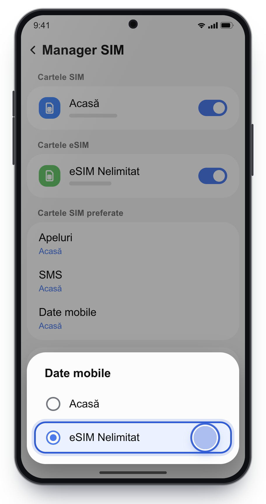 Date mobile setate pe eSIM Nelimitat, pe Samsung.