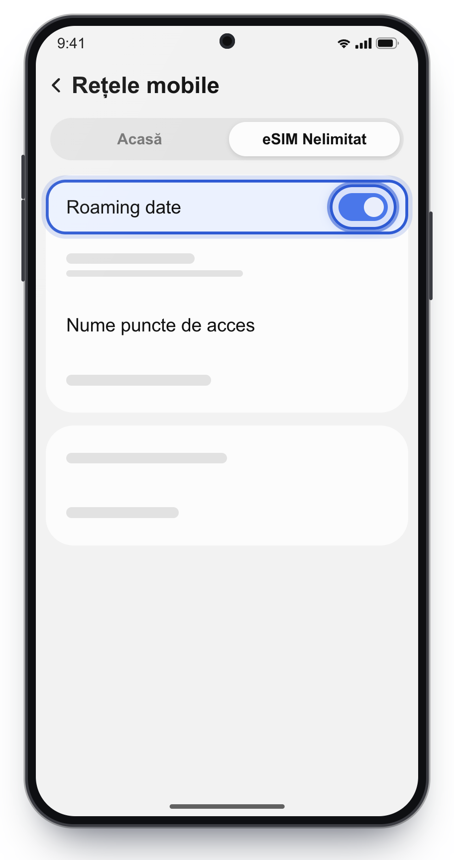 Roaming date pornit pe eSIM Nelimitat, pe Samsung.
