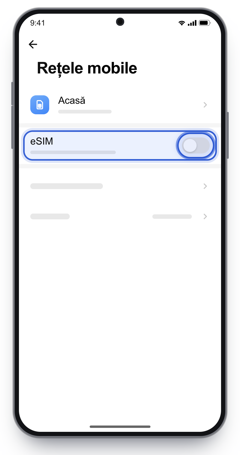 Rețele mobile Xiaomi, cu comutatorul eSIM pornit.